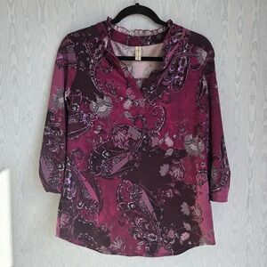 PerSeption Top Women S Purple Fuchsia Paisley 3/4 Sleeve Knit Witchy Whimsigoth